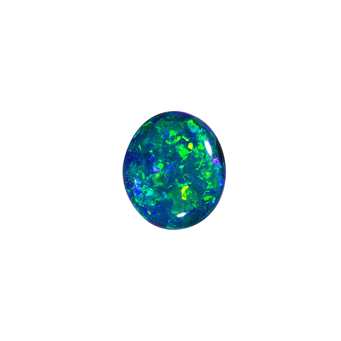2.56 carat Australian black opal, 13.6 x 9.6 x 3.3 millimeters, displaying vibrant blue and green colors. Ideal for a show-stopping jewelry design.