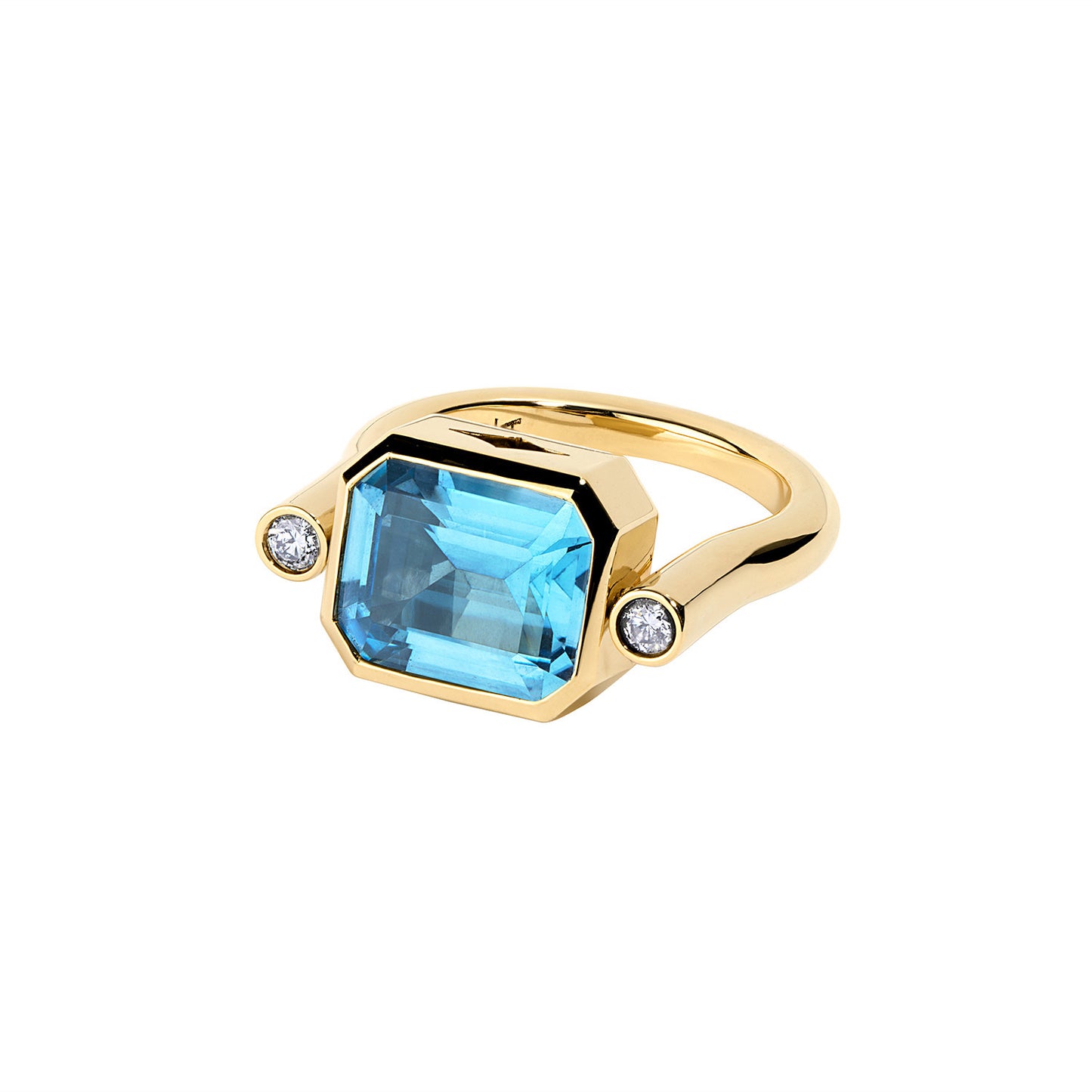 18k yellow gold swivel signet ring with blue topaz and two diamonds, designed by Jillian Abboud. Wearable as a ring or pendant, with customizable size and stones. Crafted in New York.