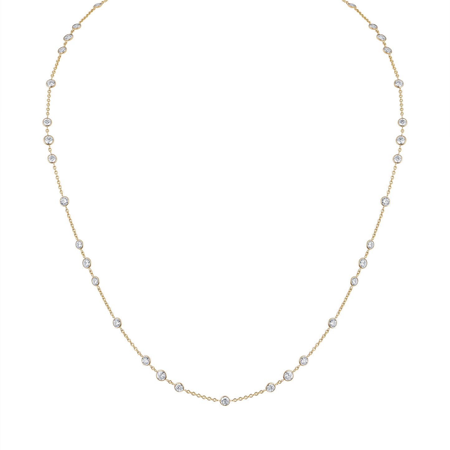 Gorgeous Diamonds by the Yard necklace featuring over five carats of top quality diamonds set in handmade gold. Classic design with fresh diamond spacing for day to night wear.