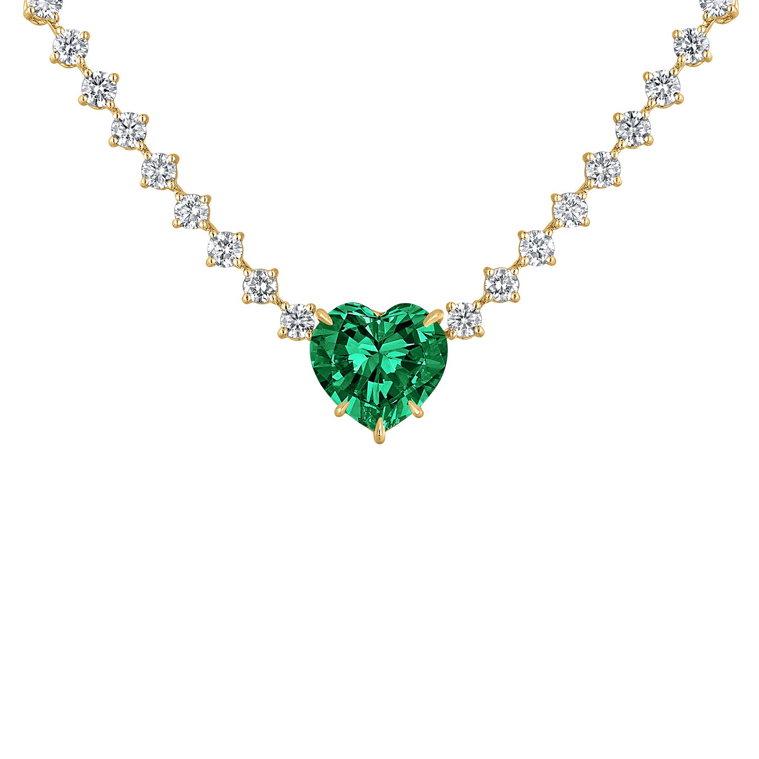 18 karat yellow gold necklace featuring a heart-shaped emerald surrounded by diamonds, offering a stunning contrast and luxurious appeal.