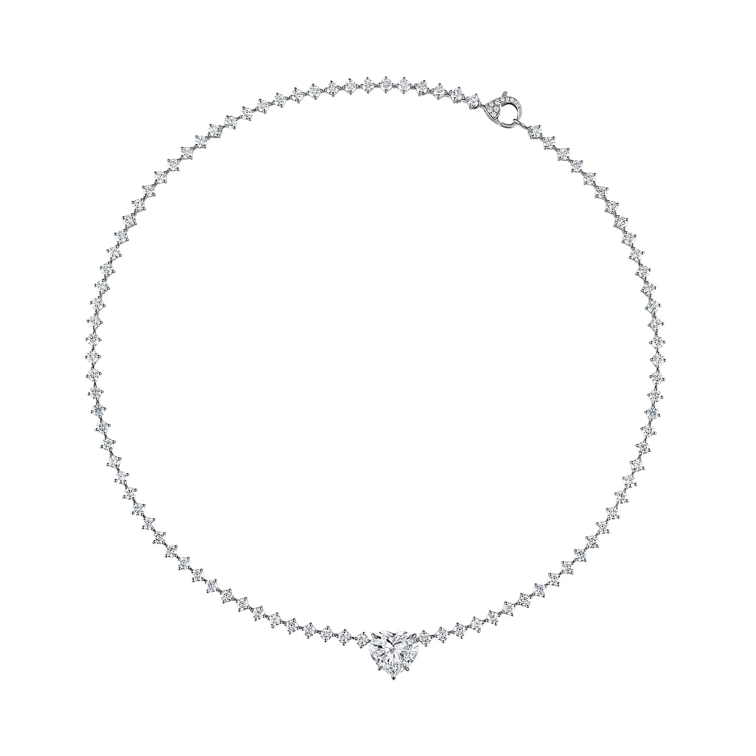 Elegant front view of a heart-shaped diamond platinum necklace featuring a colorless diamond set in compass prong along a riviera style chain, embodying everyday luxury.