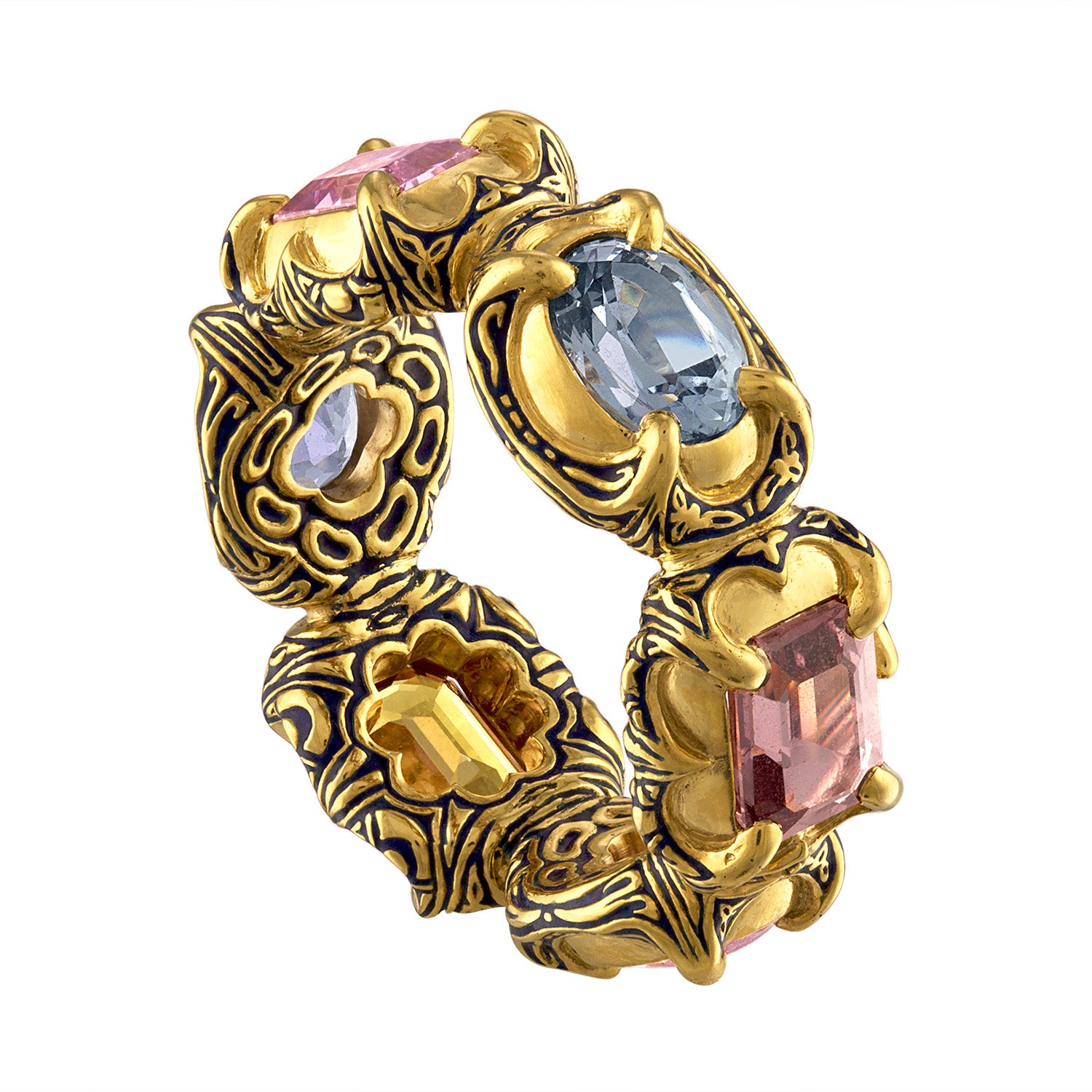 Otto Jakob six stone eternity band in 18 karat yellow gold with navy blue enamel. A fun and unique addition to any jewelry collection, perfect for clients seeking distinctive style.