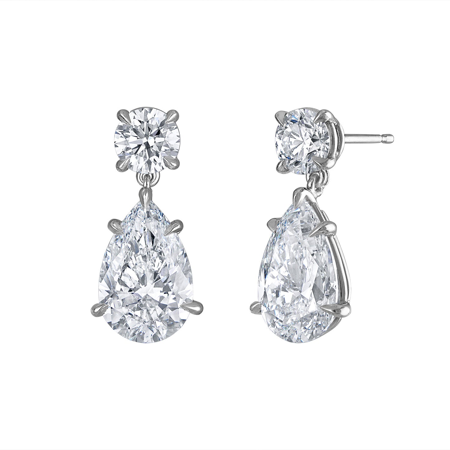 Front view of Round Brilliant and Pear Shape Diamond Drop Earrings in platinum, featuring two round brilliant cut diamonds totaling 1.01 carats and pear shape diamonds totaling 4.84 carats. Handmade in New York by Susan Kottemann.