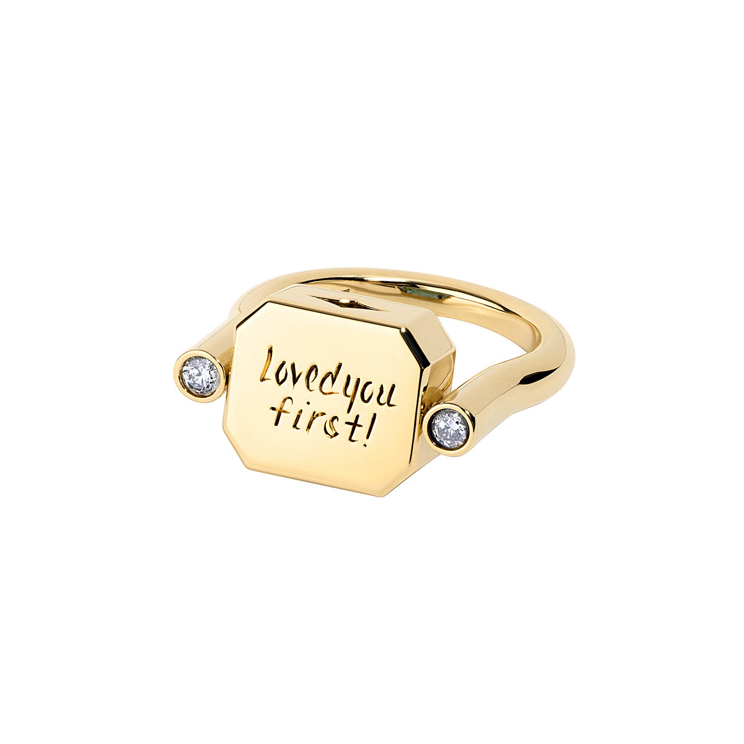 Yellow gold signet ring engraved with the phrase 'Loved you first!' flanked by two small diamonds.